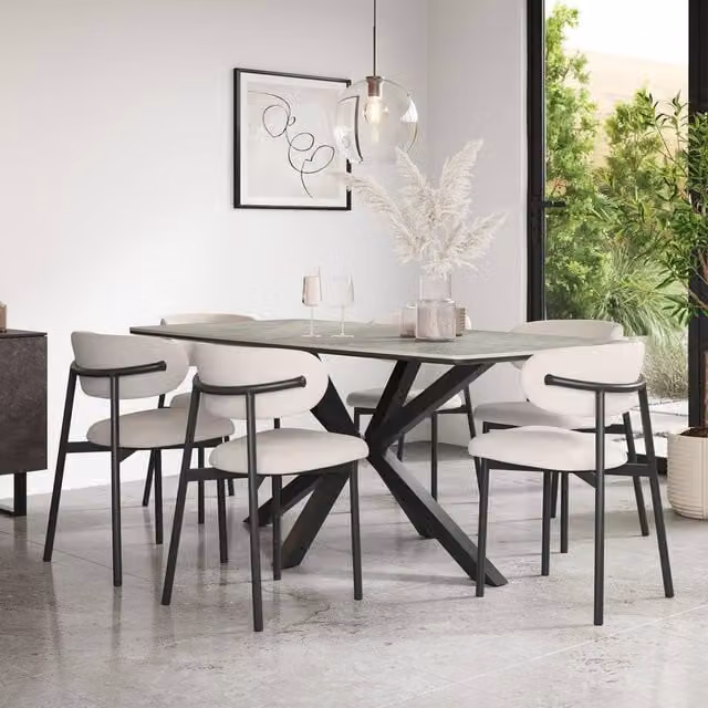 More4Homes Juno Light Grey Ceramic Rectangular Dining Table and 6 Myla Beige Linen Chairs W/D/H: 180 x 90 x 75 cm