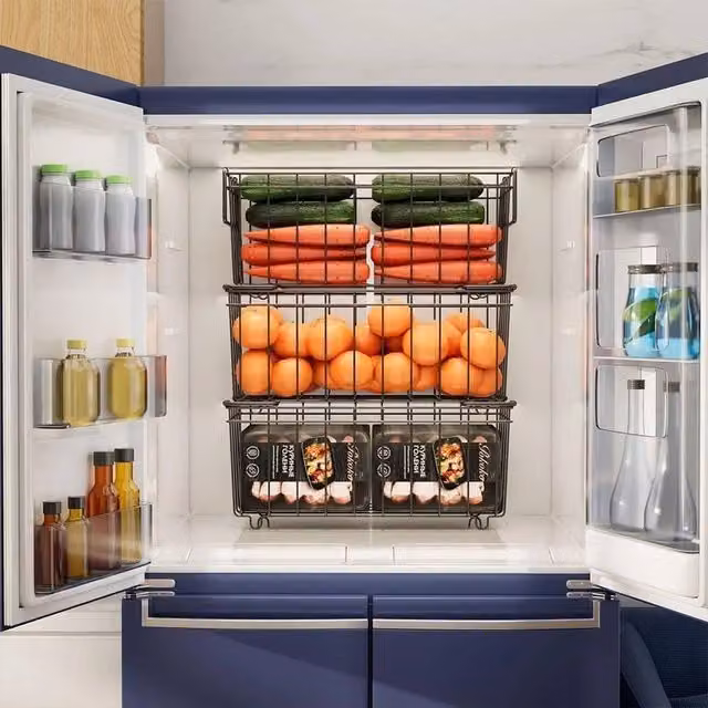 VOGREX 6-Piece Stackable Wire Chest Freezer Storage Baskets with Foldable Handles in Black and Multicolour