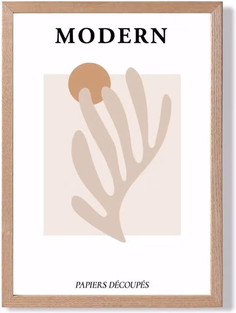 ARTZE Matisse Floral Cutout Mid Century Framed Print in Beige and Orange with Oak Wood Frame, A2
