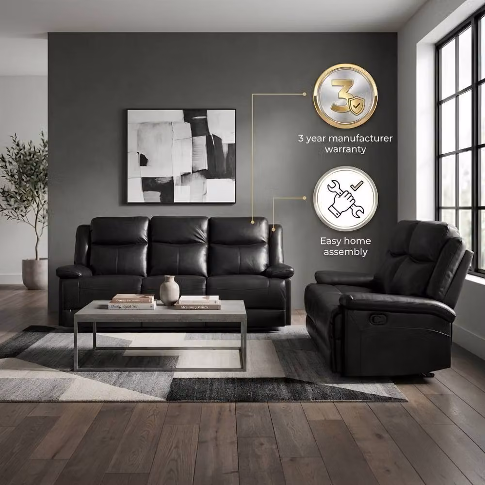 HOME LUXE INTERIOR Casper Black Leather 3 and 2 Seater Manual Recliner Sofa Set Pack – 7