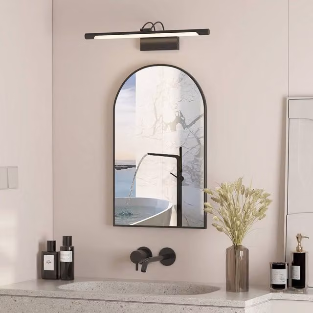 KEEPREAPER Brushed Black Arch Bathroom Mirror Cabinet, Wall Mounted with Hinged Glass Doors and Internal Shelves, W: 42 cm, H: 68 cm