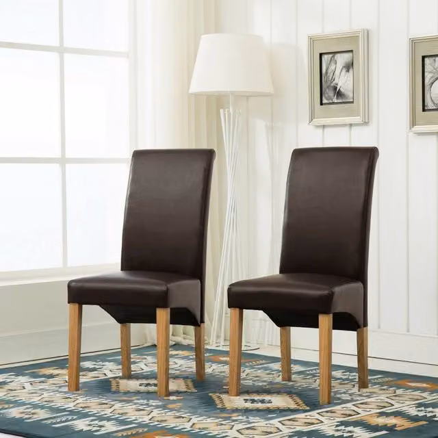 MCC Direct Set of 2 Top Scroll High Back Faux Leather Dining Chairs in Brown