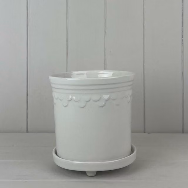 KDMD Minimalist Round Ceramic Tabletop Plant Pot with Saucer in White
