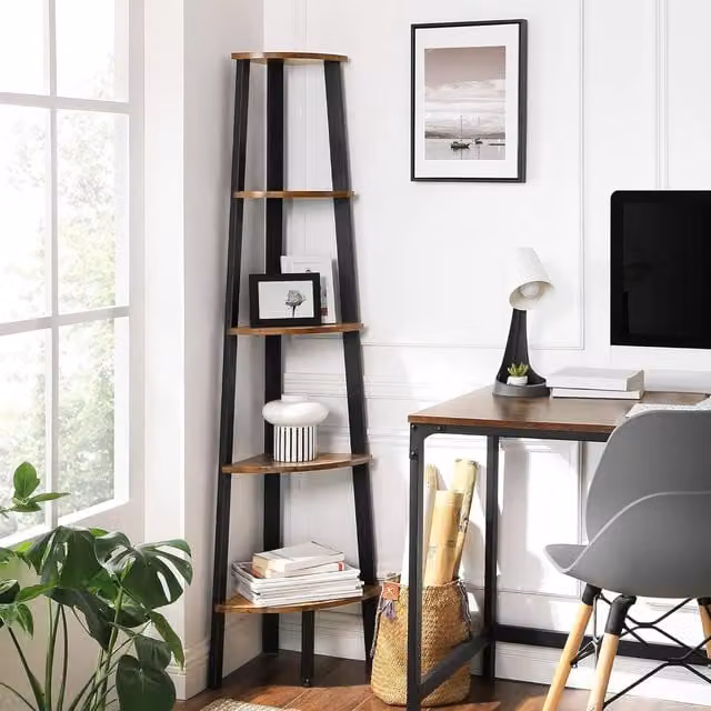 The Bazaarist 5-Tier Corner Ladder Shelf Storage Unit and Plant Stand in Rustic Brown and Black