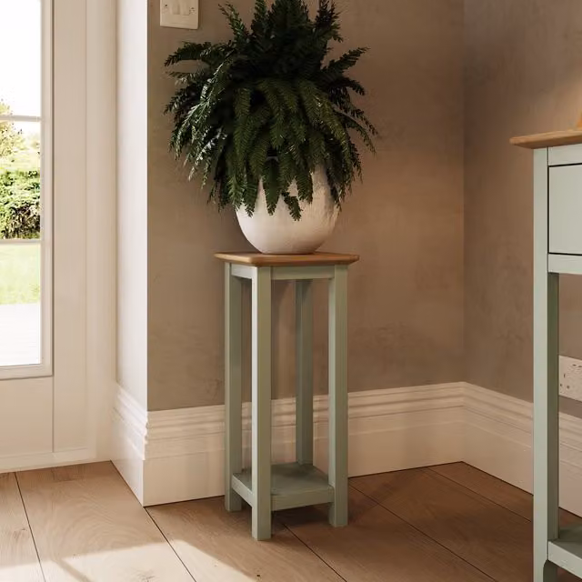 FWStyle Modern Painted Side Table with Oak Effect Top and Shelf in Green