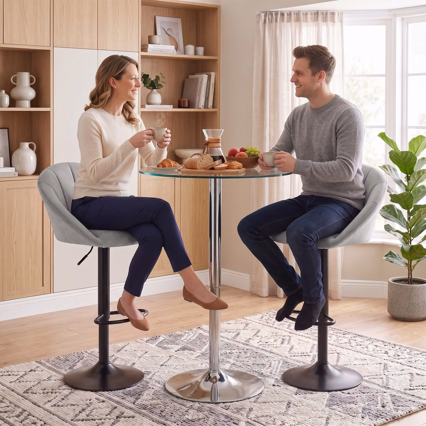 HOMCOM Modern Grey Velvet Swivel Counter Stool with Backrest – 5