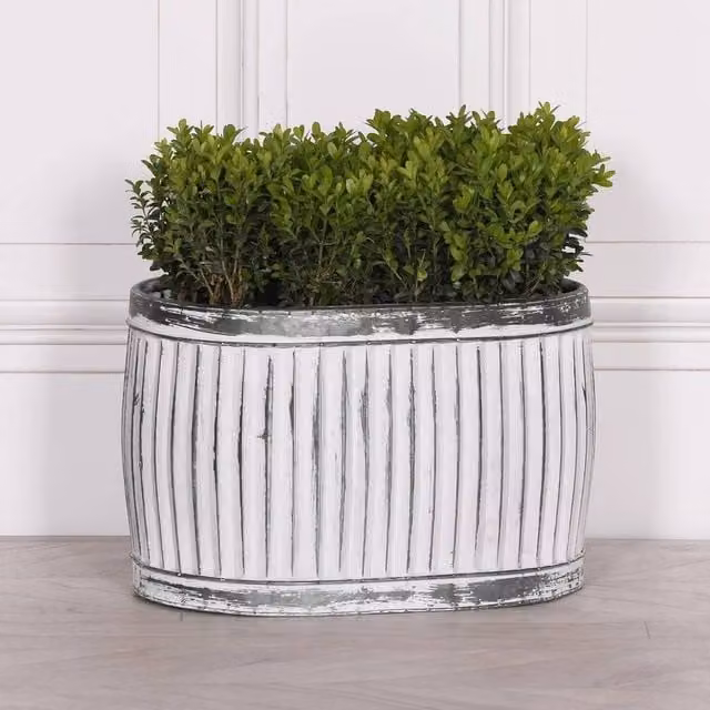 FLAVORA Medium Vintage Aged Ribbed Galvanised Metal Planter Tub in White – 1