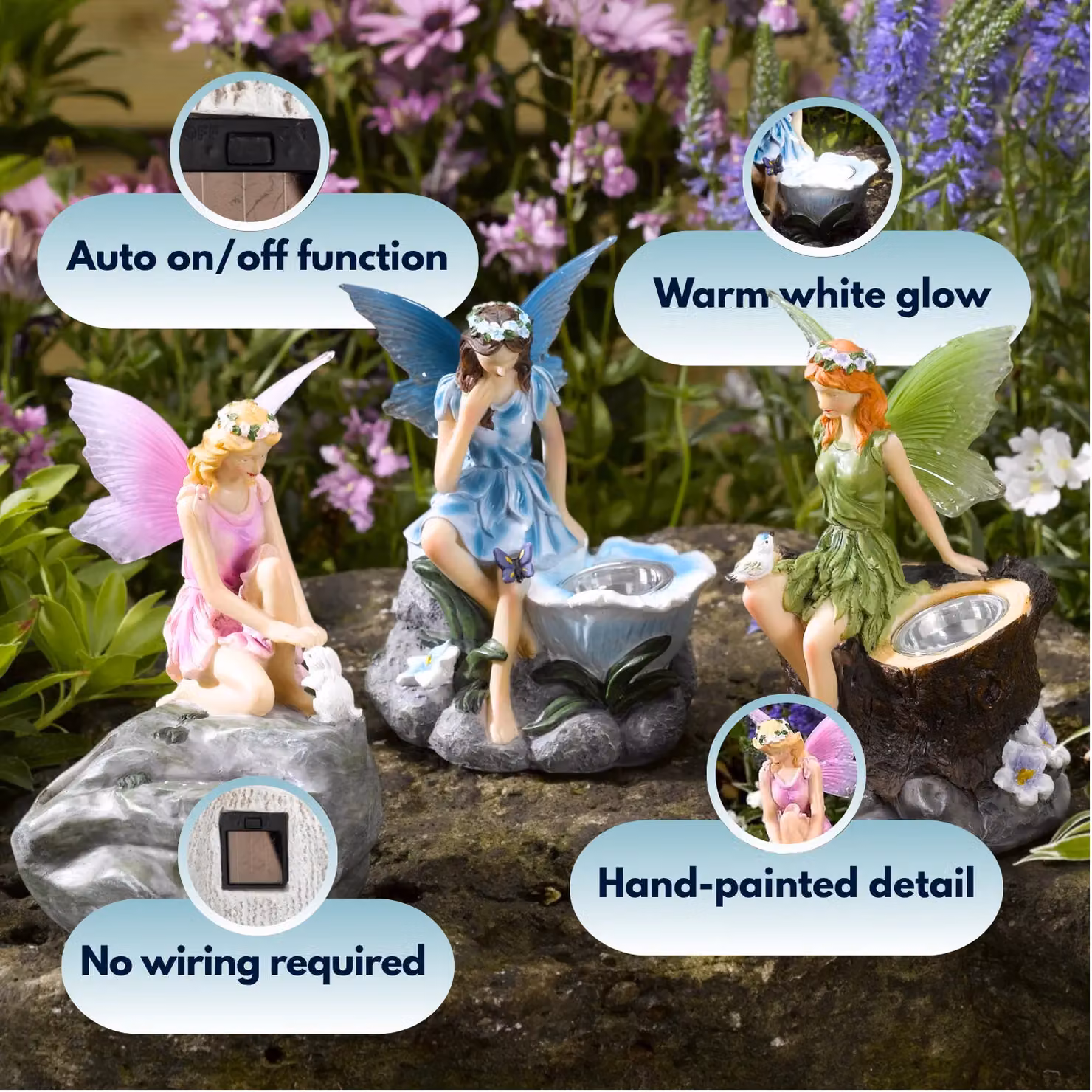 Marco Paul Solar Fairy Garden Ornaments, 3 Pack, Multicolour – 7