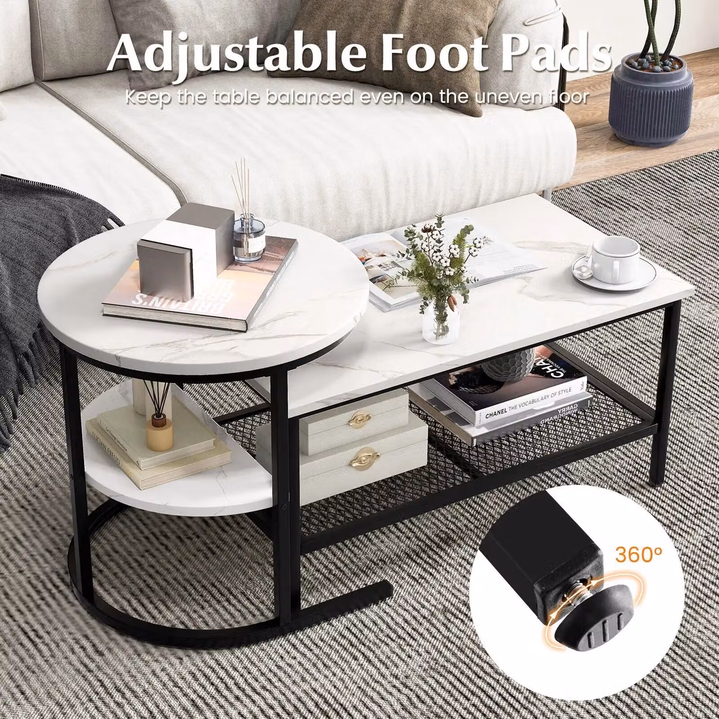 Costway Set of 2 Black Faux Marble Nesting Coffee Tables with 2-Tier Detachable Round Tops – 4