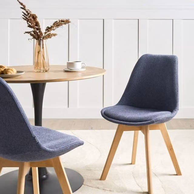 Wyld and Coco Set of 2 Modern Blue Fabric Upholstered Dining Chairs with Beechwood Legs – 1