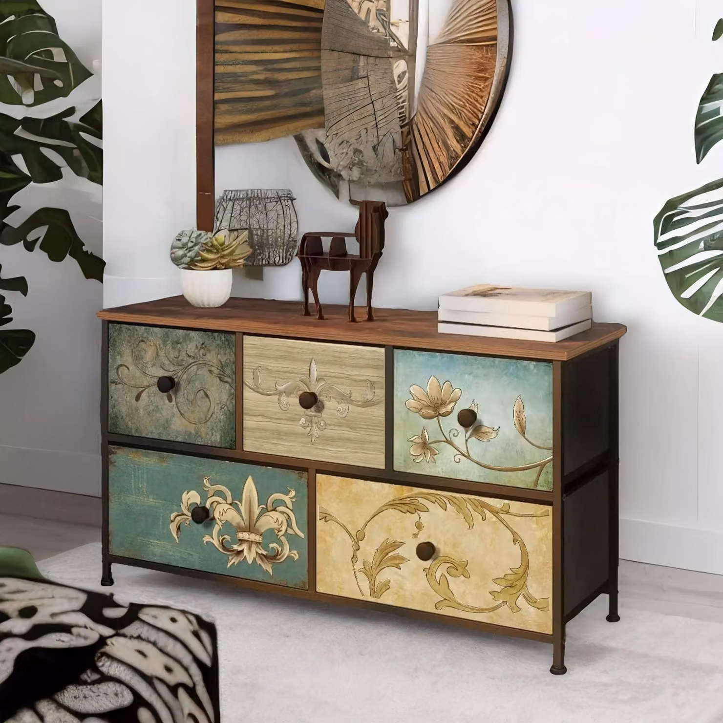 FURNOS 5 Drawer Fabric Bedroom Dresser with Floral Pattern in Brown and Multicolour, W/D/H: 76 x 30 x 54 cm – 2