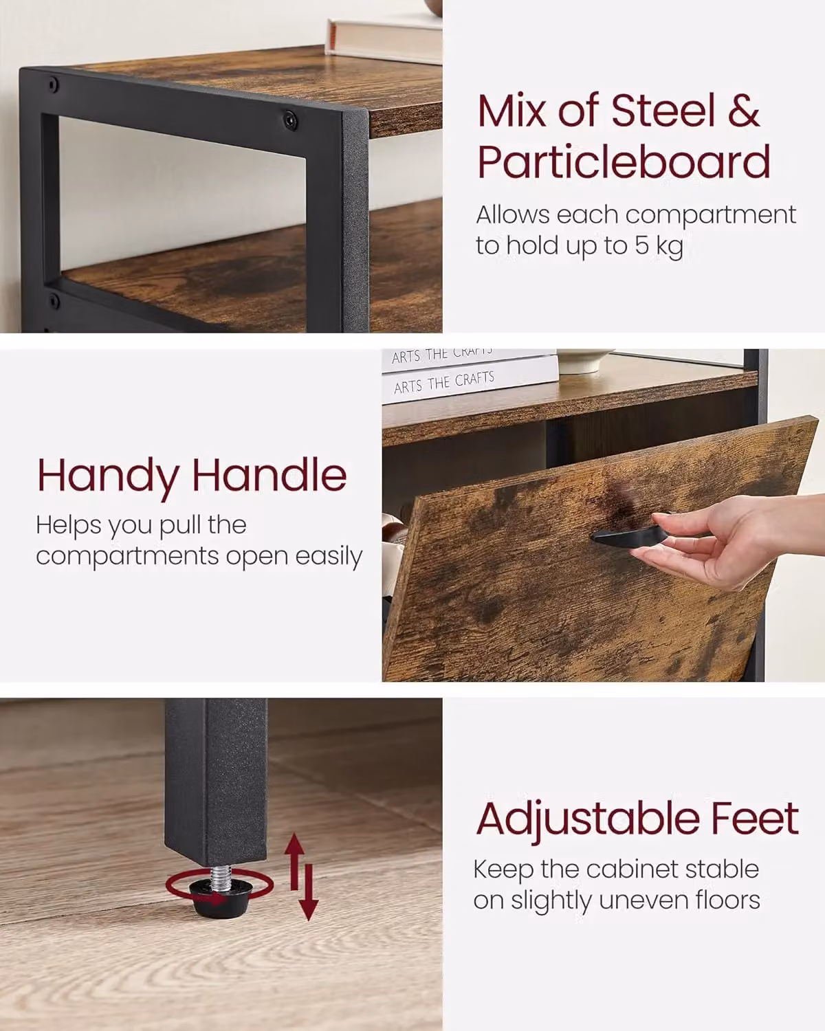 VASAGLE Brown Industrial Shoe Storage Cabinet with Folding Doors and Open Shelf – 6