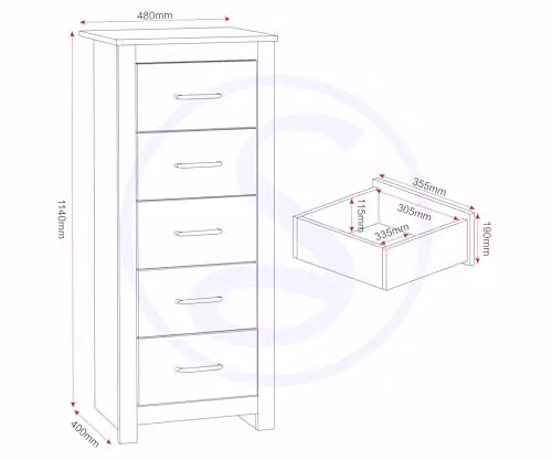 Seconique Portland 5 Drawer Narrow Chest in Grey/Oak Effect, W: 40 cm, D: 27 cm, H: 114 cm – 3