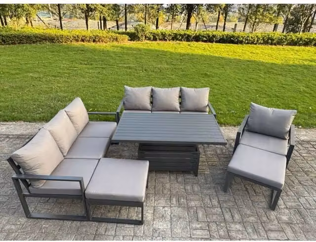 Fimous 9-Seater Aluminium Patio Set with Height-Adjustable Lifting Table and 2 Large Stools in Matt Dark Grey – 1