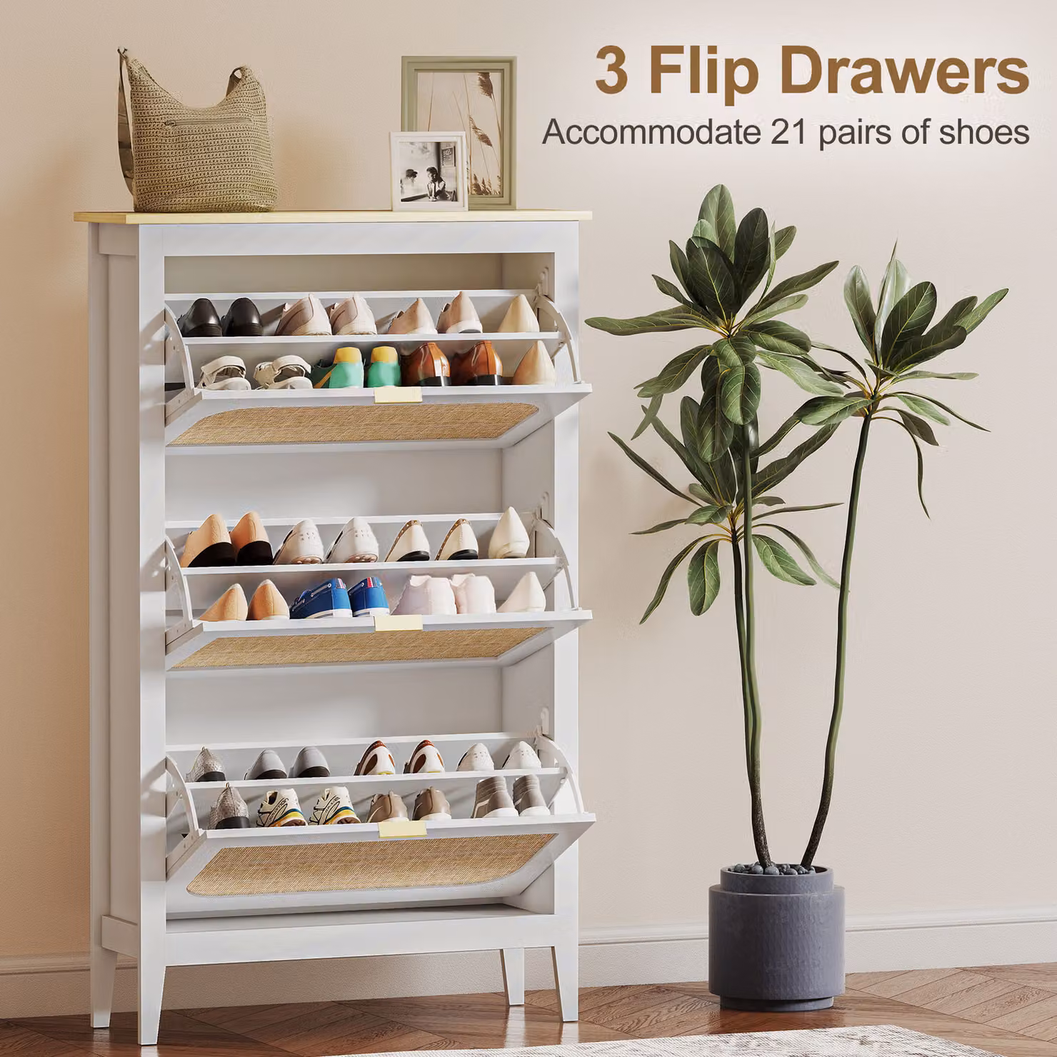 HOMCOM Boho Slim White Shoe Storage Cabinet with 3 Tilting Rattan Drawers, Holds 21 Pairs – 2
