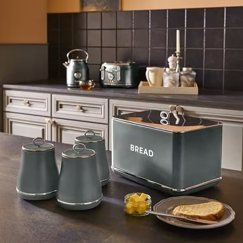 Tower Renaissance Bread Bin 16L and Airtight Storage Canister Set in Green – 4