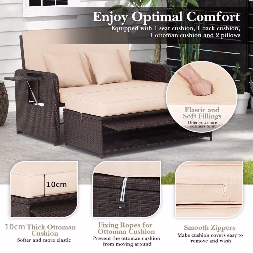 EONLION Brown Polyrattan Patio Daybed Set with Loveseat Sofa, Multipurpose Ottoman, Adjustable Headrest and Side Tray – 6