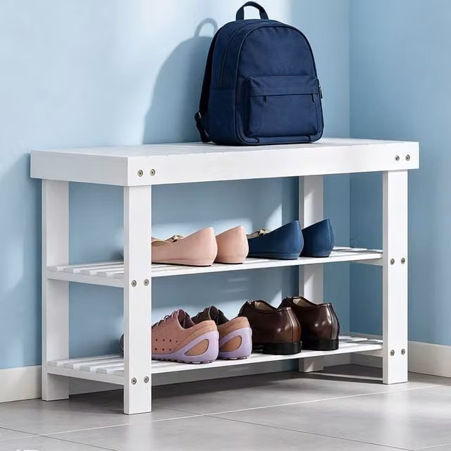 ERGOVEXA White Bamboo Shoe Storage Bench with 2 Shelves