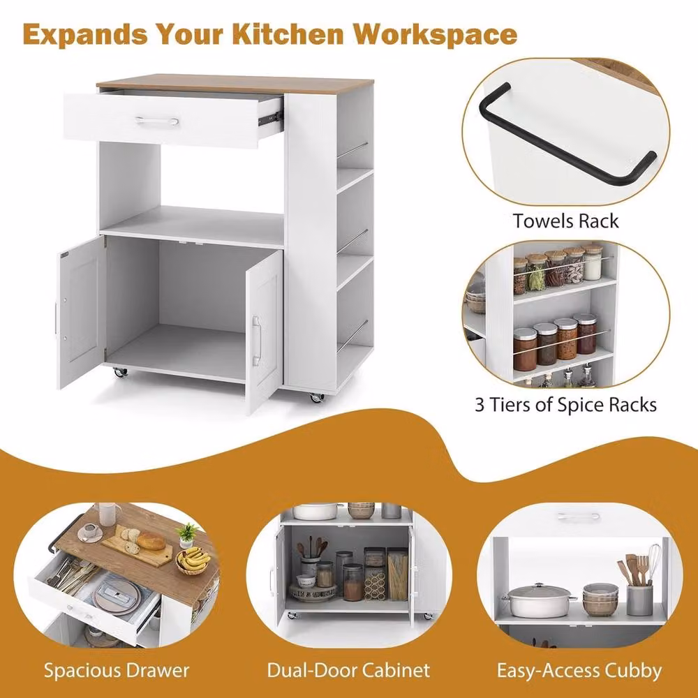 VOGREX Mobile Kitchen Cart with 2-Door Cabinet and Towel Rack in White – 3
