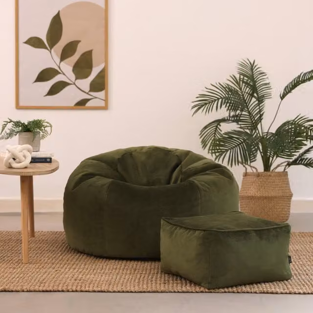 icon Kingston Classic Velvet Bean Bag and Footstool in Olive Green