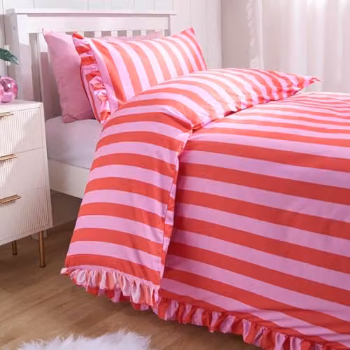 OHS Striped Reversible Single Duvet Cover and Pillowcase Set in Pink and Red, W/D/H: 135 x 200 cm, Pillowcase: 50 x 75 cm – 1