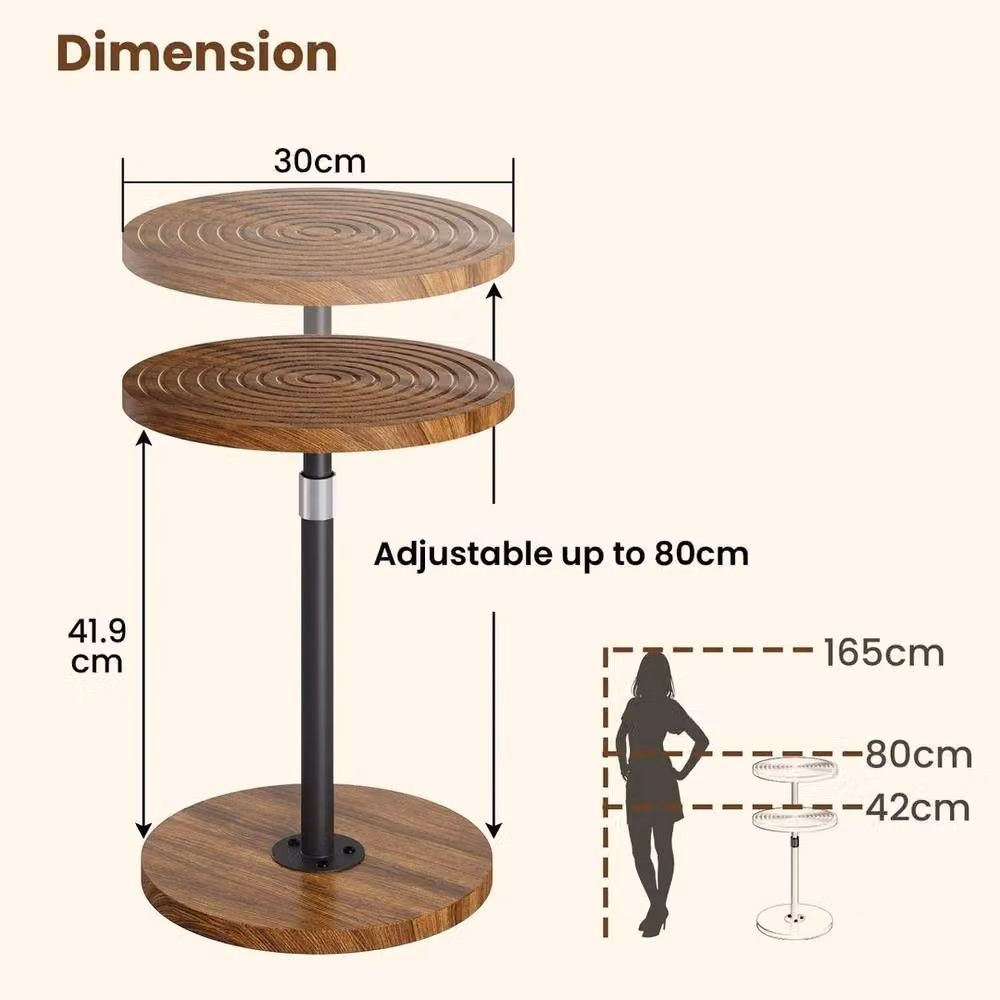 FORGEVIO Adjustable-Height Round Small Side Table in Brown, W/D/H: 30 x 30 x 76 cm – 2