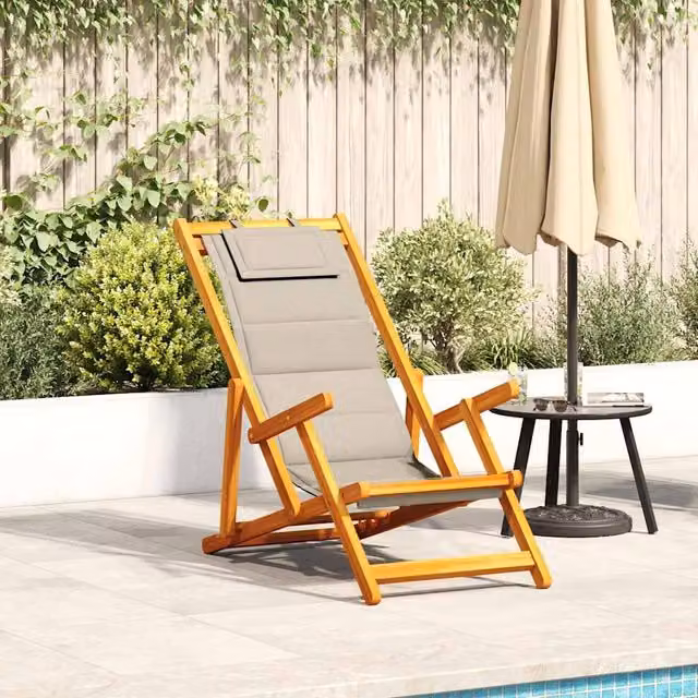 Berkfield Home Folding Beach Chair with Armrests and Adjustable Headrest in Taupe Acacia Wood and Textilene