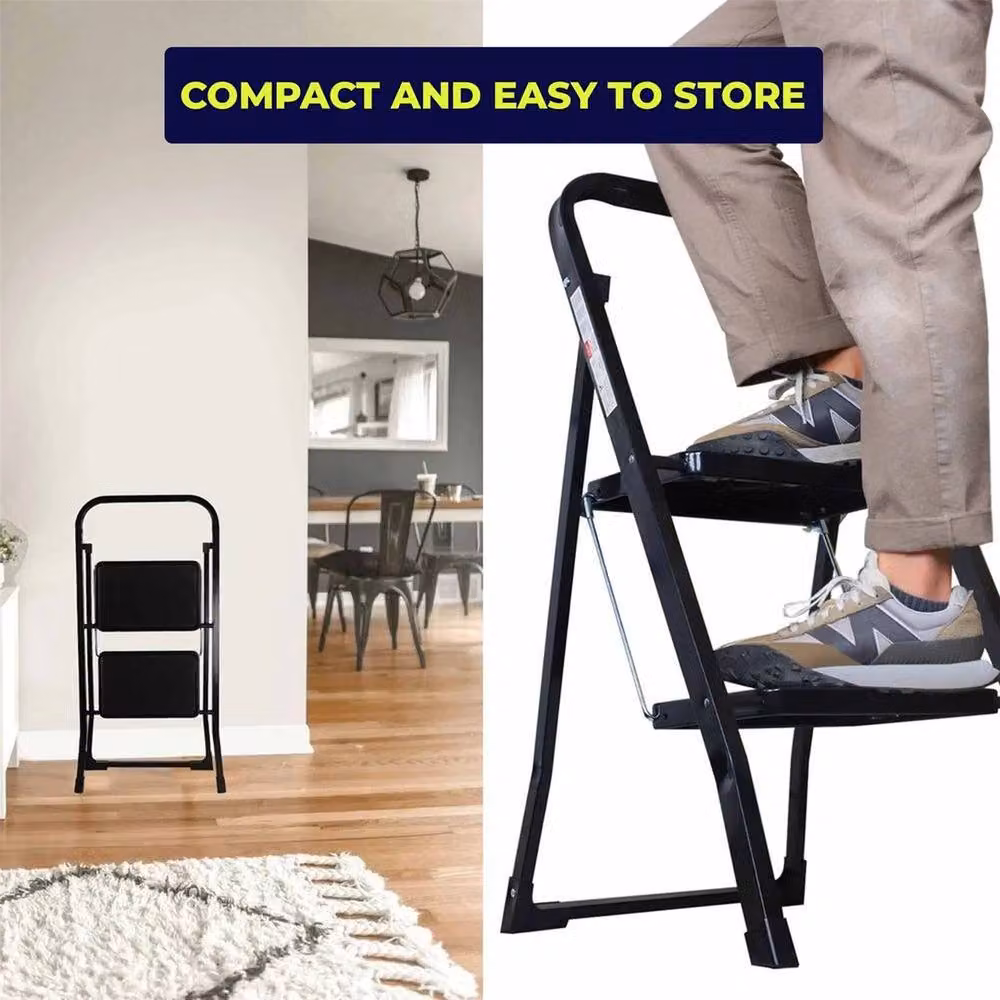 VOGREX 2-Step Foldable Steel Step Ladder with Non-Slip Treads in Black – 3