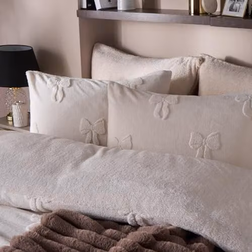 OHS Bows Tufted Teddy Fleece Duvet Cover Set and Pillowcases, Ivory, W/D/H: 180 x 200 cm – 2