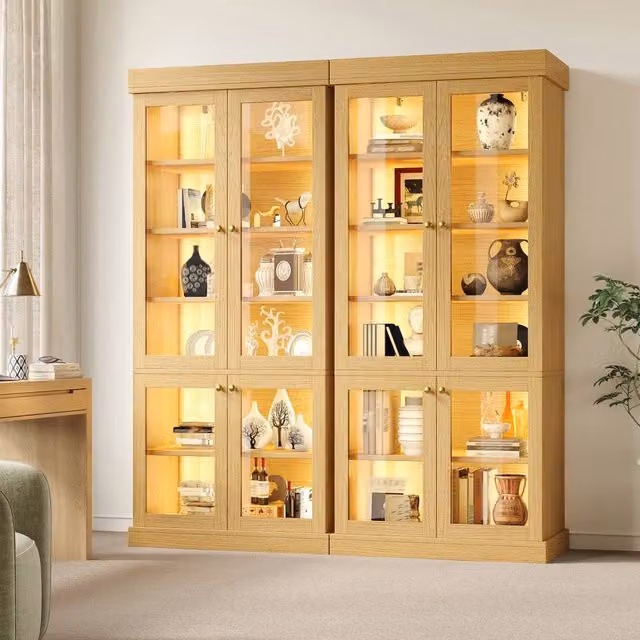 BTM Modern LED Display Cabinet with Glass Doors and Internal Shelves, Brown, H 180 x W 80 x D 40 cm – 1