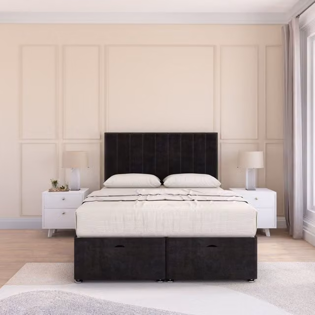 Sloomy Kansas Super King Ottoman Bed with Sprung Memory Mattress and 54 Inch Floorstanding Headboard in Black Plush Fabric