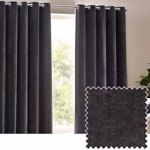 Riva Home Grey Chenille Velvet Eyelet Curtains W/H: 168 x 137 cm