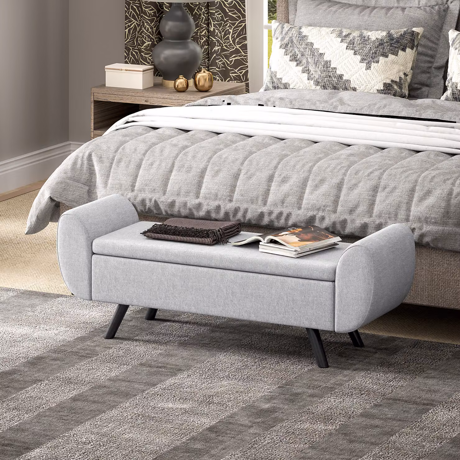 HOMCOM Upholstered Linen Storage Ottoman with Armrests and Rubberwood Legs, Light Grey, W: 120 cm – 2