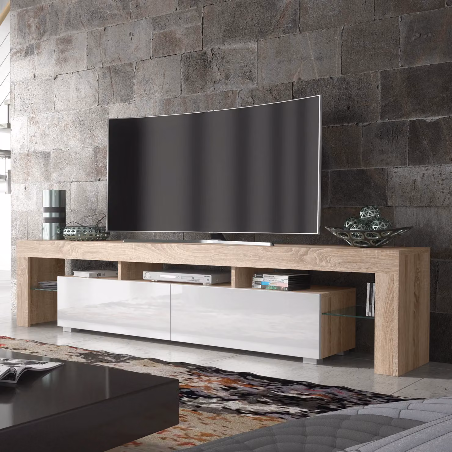 Creative Furniture Modern TV Unit in Oak with High Gloss White Doors, W: 200 cm, D: 45 cm, H: 35 cm – 3