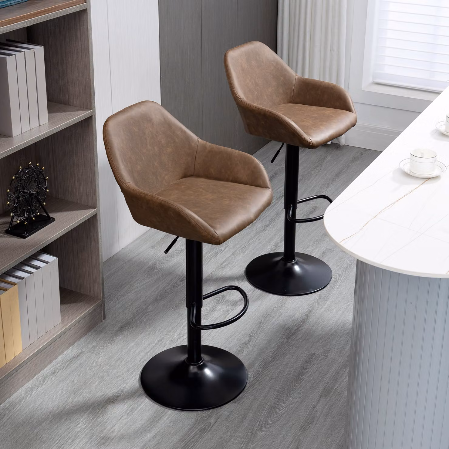 HOMCOM Set of 2 Adjustable Swivel Bar Stools in Dark Brown PU Leather with Steel Base and Footrest – 5