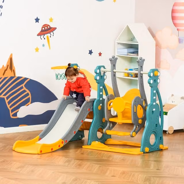 HOMCOM 3-in-1 Kids Play Tower with Slide, Swing and Basketball Hoop, Blue and Multicolour