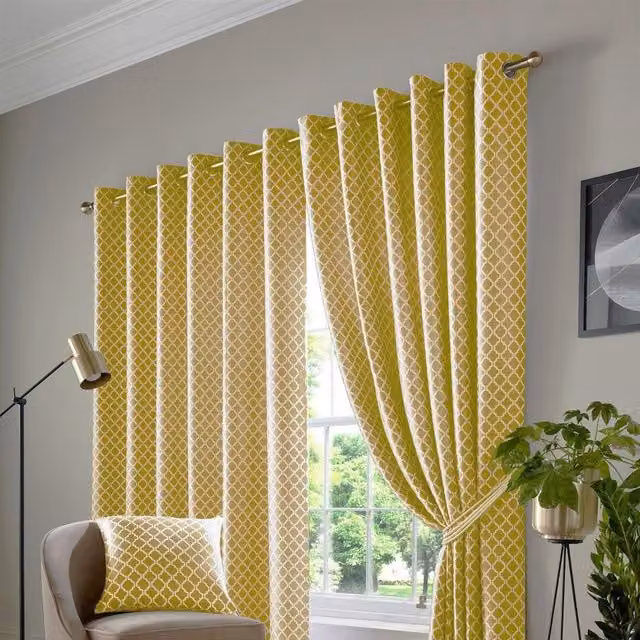 Luxury Living Two-Tone Jacquard Geometric Eyelet Lined Curtains in Yellow, Width: 117 cm, Drop: 137 cm