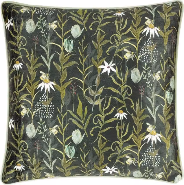 Wylder Nature Meadow Bloom Floral Printed Chenille Square Cushion in Multicolour and Green