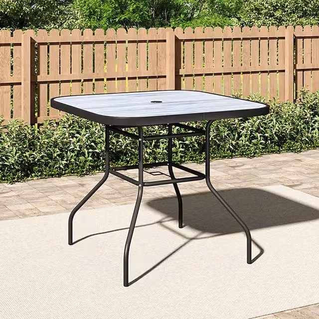 Livingandhome Geyser Square Marble Tempered Glass and Metal Garden Table in Black, Blue and Grey