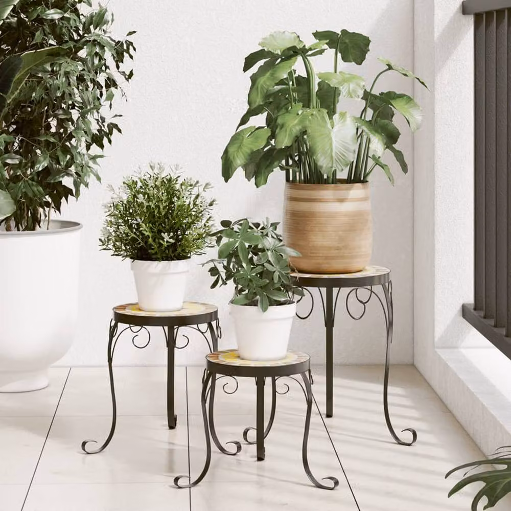 Berkfield Home Set of 3 Ceramic and Metal Round Indoor Plant Stands in Terracotta and White – 2