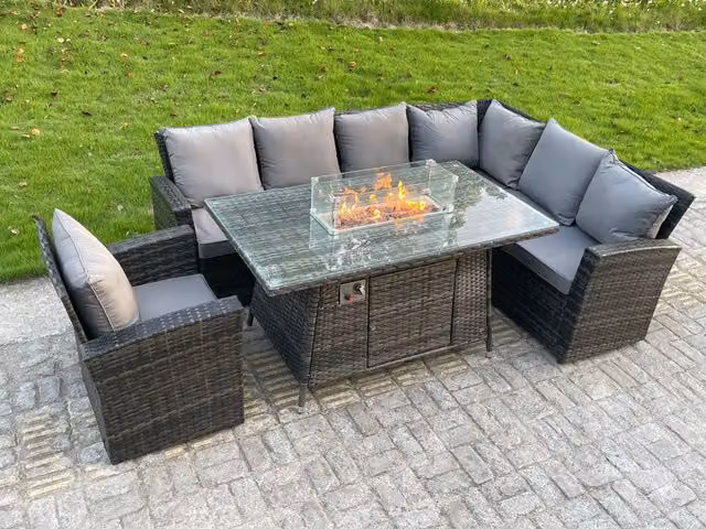 Fimous 7 Seater High Back Rattan Corner Sofa Set with Gas Fire Pit Dining Table in Dark Grey – 1