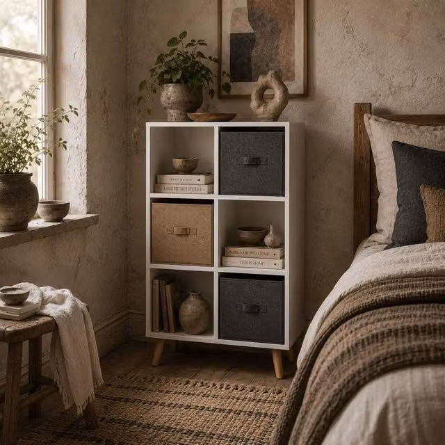 Wyld Haus Nadiro 6 Cube White Storage Unit with 3 Fabric Drawers, W/D/H: 95.0 x 54.5 x 24.0 cm