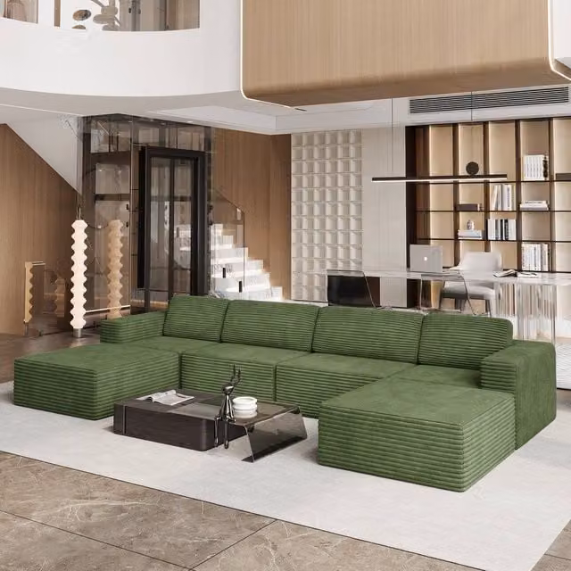 Dprodo Green Corduroy Modular U-Shape Sofa with Matching Ottoman and Removable Covers
