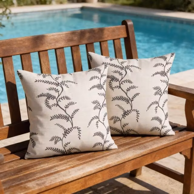 Livinluxury Linen Fern Square Outdoor Water-repellant Cushion in Grey and White