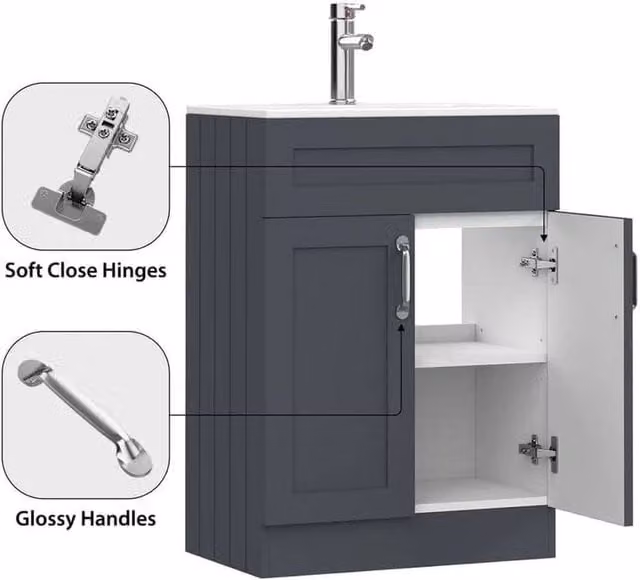 FORGEVIO Grey Modern Freestanding Bathroom Vanity Unit with Hinged Doors and Internal Shelves – 1