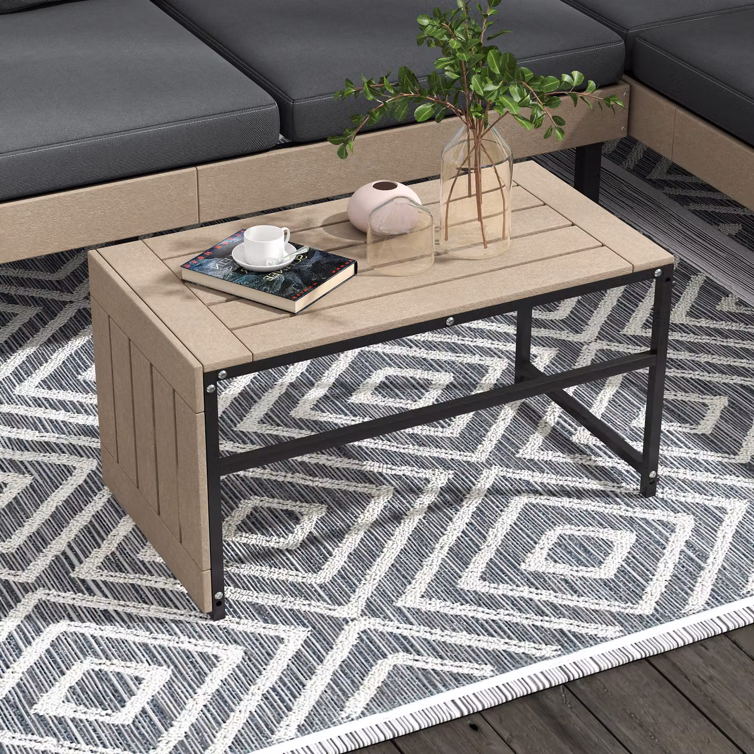 Outsunny 3-Piece Grey L-Shape Garden Corner Sofa Set with Wood-effect Coffee Table and Upholstered Cushions – 5