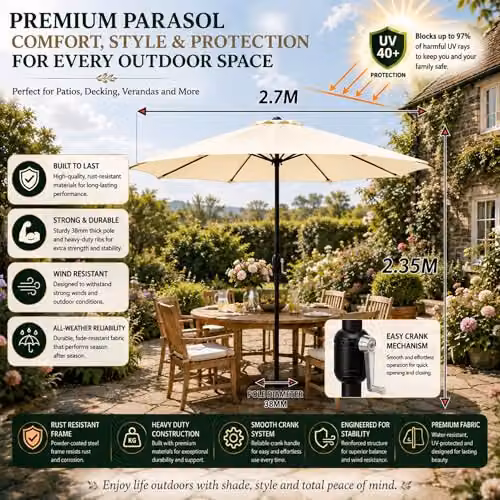 GlamHaus Garden Parasol Umbrella with UPF 40 Protection and Cover, Beige Polyester and Steel – 2