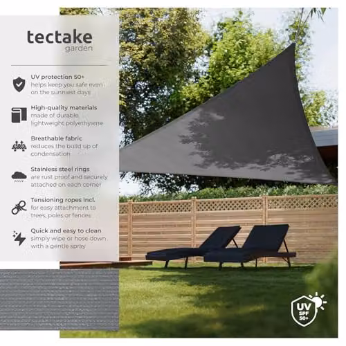 tectake Triangular Sun Shade Sail in Grey with UPF 50+ UV Protection, HDPE Polyethylene Fabric, W/D/H: 360 x 360 x 360 cm – 2
