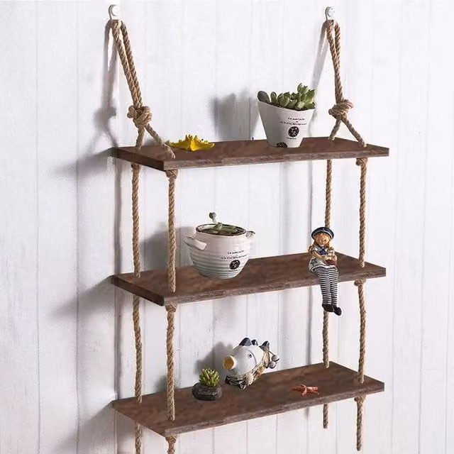 EONLION 3 Tier Rustic Brown Wall Hanging Wood Shelves, W: 50 cm – 1