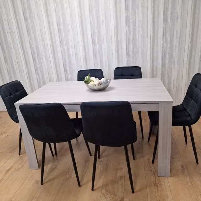 Kosy Koala Modern Grey Rectangular Dining Table and 6 Black Chairs Set, W/D/H: 140 x 80 x 75 cm